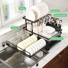 Foldable Over Sink Dish Drying Rack|Pull-Out 2-Tier Dish Drainer with Utensil Holder|Space Saving Kitchen Organizer for Small Kitchens