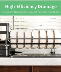 Foldable Over Sink Dish Drying Rack|Pull-Out 2-Tier Dish Drainer with Utensil Holder|Space Saving Kitchen Organizer for Small Kitchens