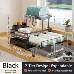 Foldable Over Sink Dish Drying Rack|Pull-Out 2-Tier Dish Drainer with Utensil Holder|Space Saving Kitchen Organizer for Small Kitchens