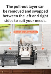 Foldable Over Sink Dish Drying Rack|Pull-Out 2-Tier Dish Drainer with Utensil Holder|Space Saving Kitchen Organizer for Small Kitchens