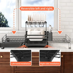 Foldable Over Sink Dish Drying Rack|Pull-Out 2-Tier Dish Drainer with Utensil Holder|Space Saving Kitchen Organizer for Small Kitchens
