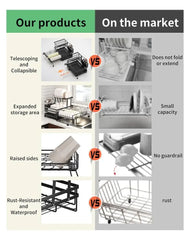 Foldable Over Sink Dish Drying Rack|Pull-Out 2-Tier Dish Drainer with Utensil Holder|Space Saving Kitchen Organizer for Small Kitchens