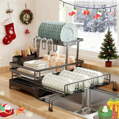 Foldable Over Sink Dish Drying Rack|Pull-Out 2-Tier Dish Drainer with Utensil Holder|Space Saving Kitchen Organizer for Small Kitchens