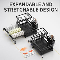 Foldable Over Sink Dish Drying Rack|Pull-Out 2-Tier Dish Drainer with Utensil Holder|Space Saving Kitchen Organizer for Small Kitchens