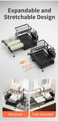 Foldable Over Sink Dish Drying Rack|Pull-Out 2-Tier Dish Drainer with Utensil Holder|Space Saving Kitchen Organizer for Small Kitchens