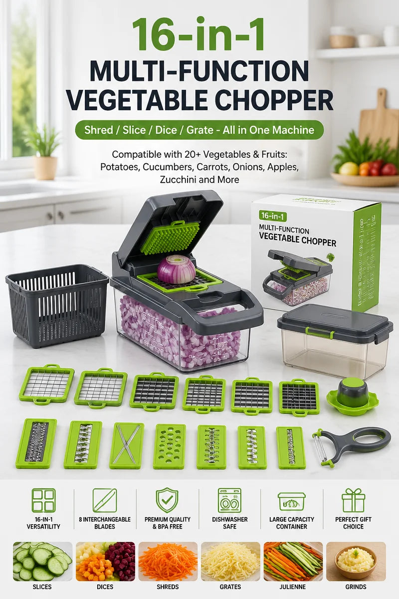 16-in-1 Vegetable Chopper PE+ABS Multi-Blade Kitchen Gadget for Home Cooking & Meal Prep