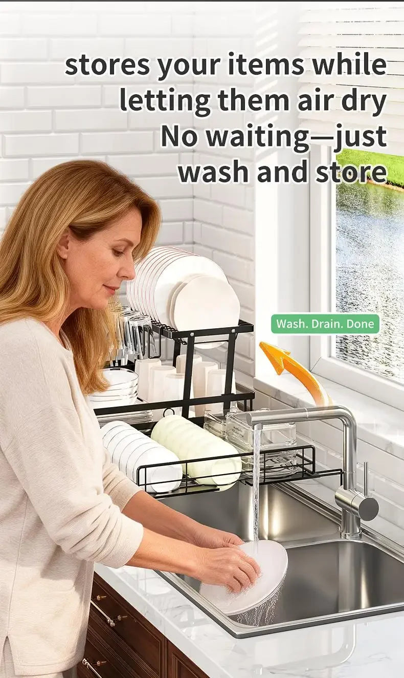 Foldable Over Sink Dish Drying Rack｜Pull-Out 2-Tier Dish Drainer with Utensil Holder｜Space Saving Kitchen Organizer for Small Kitchens