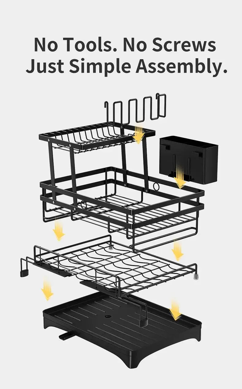 Foldable Over Sink Dish Drying Rack｜Pull-Out 2-Tier Dish Drainer with Utensil Holder｜Space Saving Kitchen Organizer for Small Kitchens