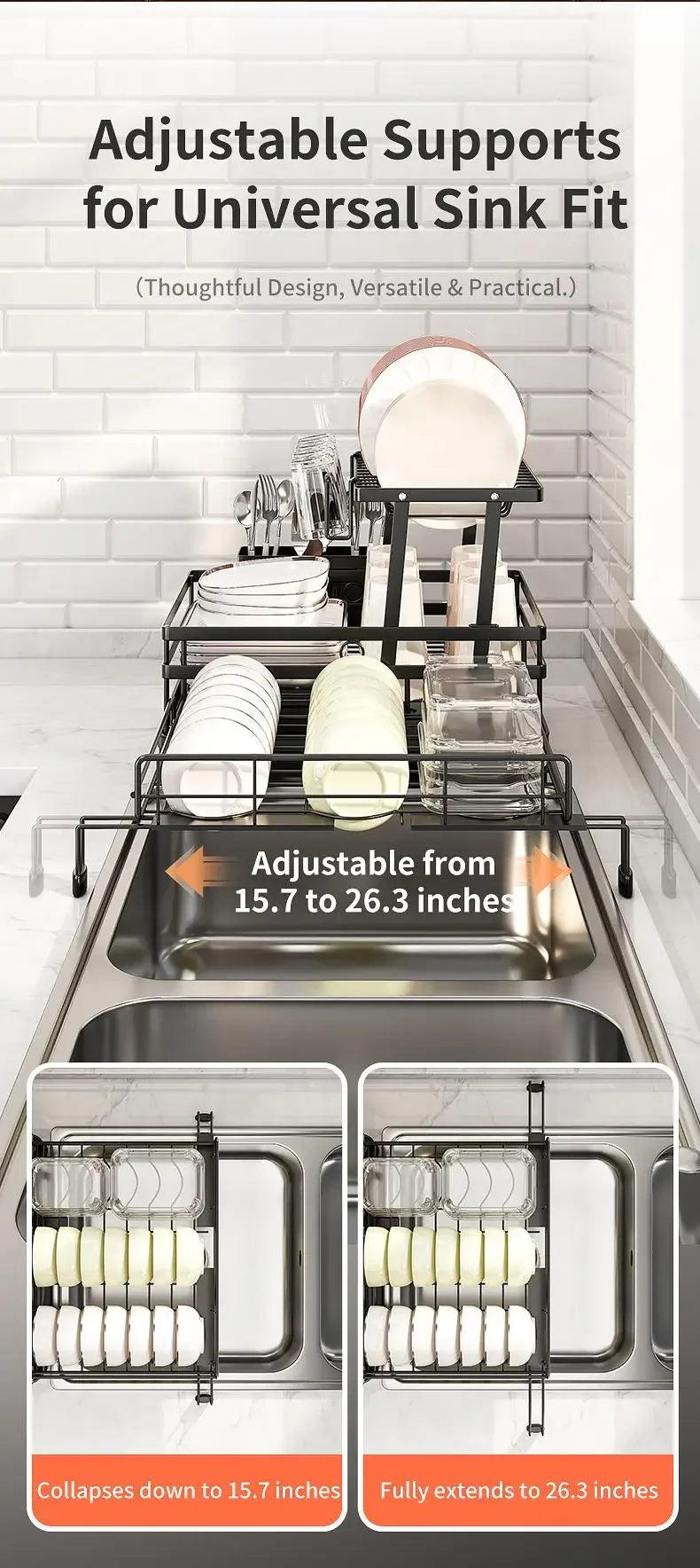Foldable Over Sink Dish Drying Rack｜Pull-Out 2-Tier Dish Drainer with Utensil Holder｜Space Saving Kitchen Organizer for Small Kitchens