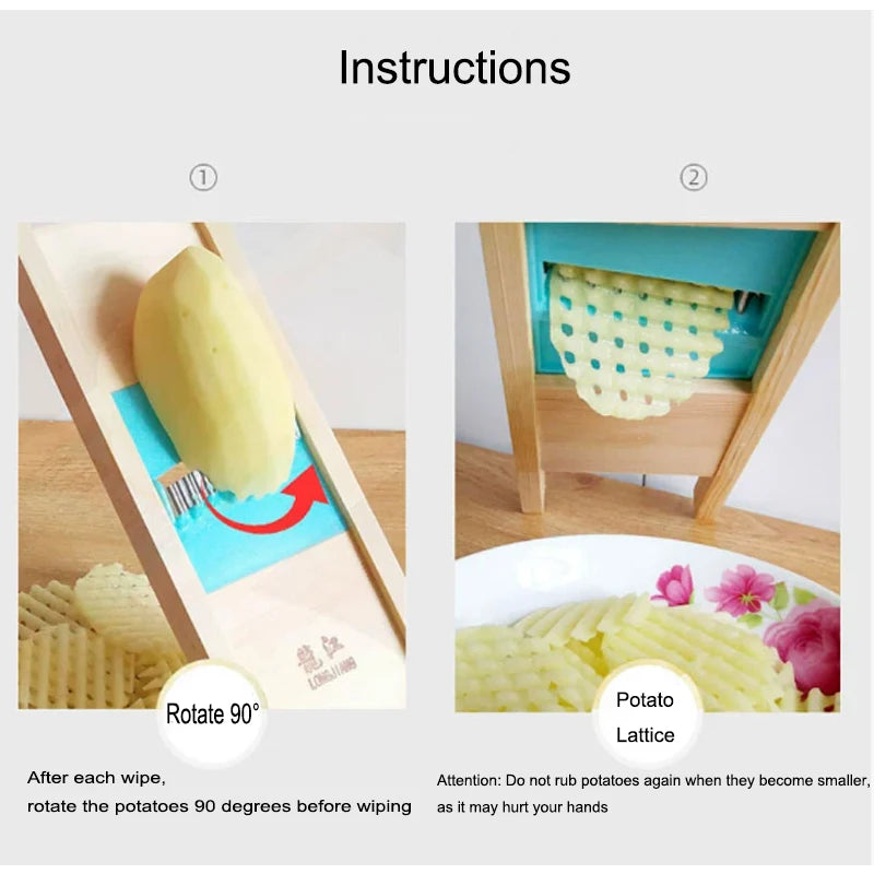 Stainless Steel Potato Cutter & Grater with Wooden Handle and Hand Guard