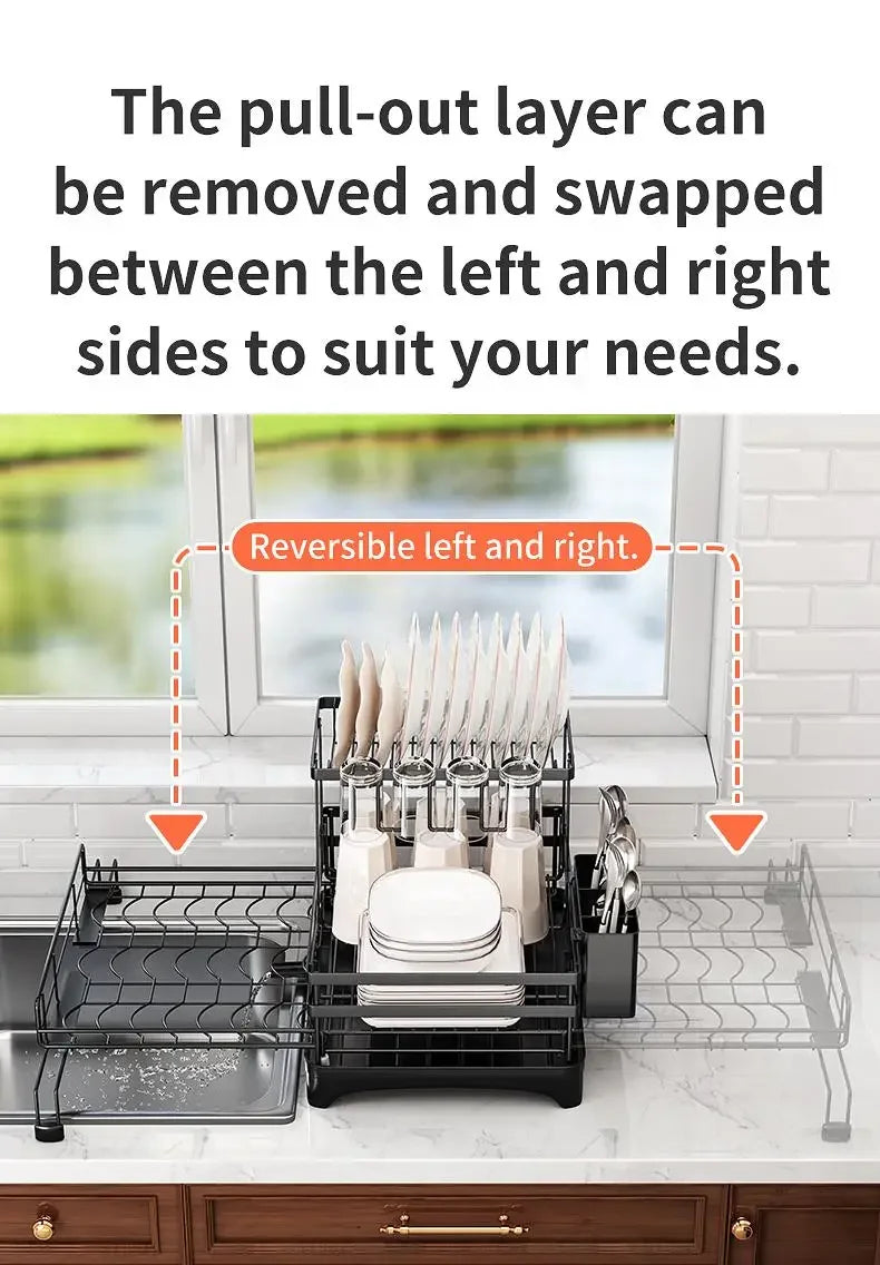 Foldable Over Sink Dish Drying Rack｜Pull-Out 2-Tier Dish Drainer with Utensil Holder｜Space Saving Kitchen Organizer for Small Kitchens