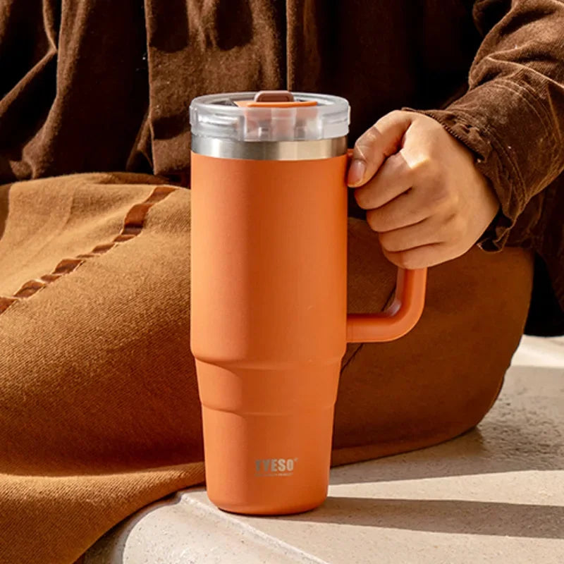 Stay Hot or Cold All Day | Stainless Steel Travel Mug with Handle & Straw