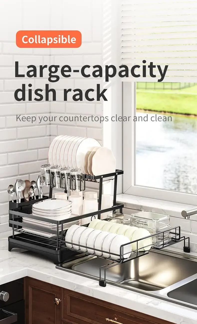 Foldable Over Sink Dish Drying Rack｜Pull-Out 2-Tier Dish Drainer with Utensil Holder｜Space Saving Kitchen Organizer for Small Kitchens