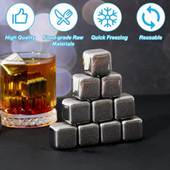 12PCS Stainless Steel Ice Cubes with Ice Clip Reusable Whiskey Stones Vodka for Family Party Wine beer Cooler Bar Chiller Tool