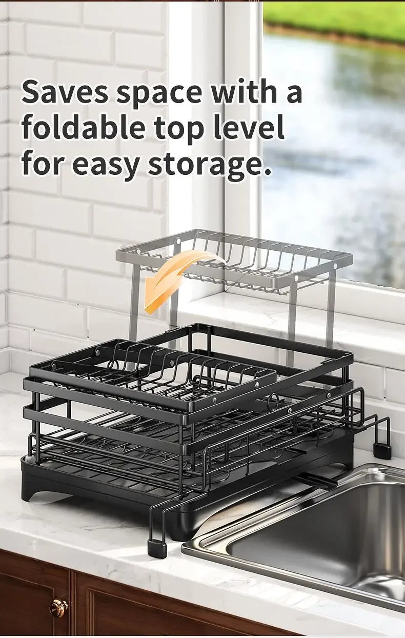 Foldable Over Sink Dish Drying Rack｜Pull-Out 2-Tier Dish Drainer with Utensil Holder｜Space Saving Kitchen Organizer for Small Kitchens