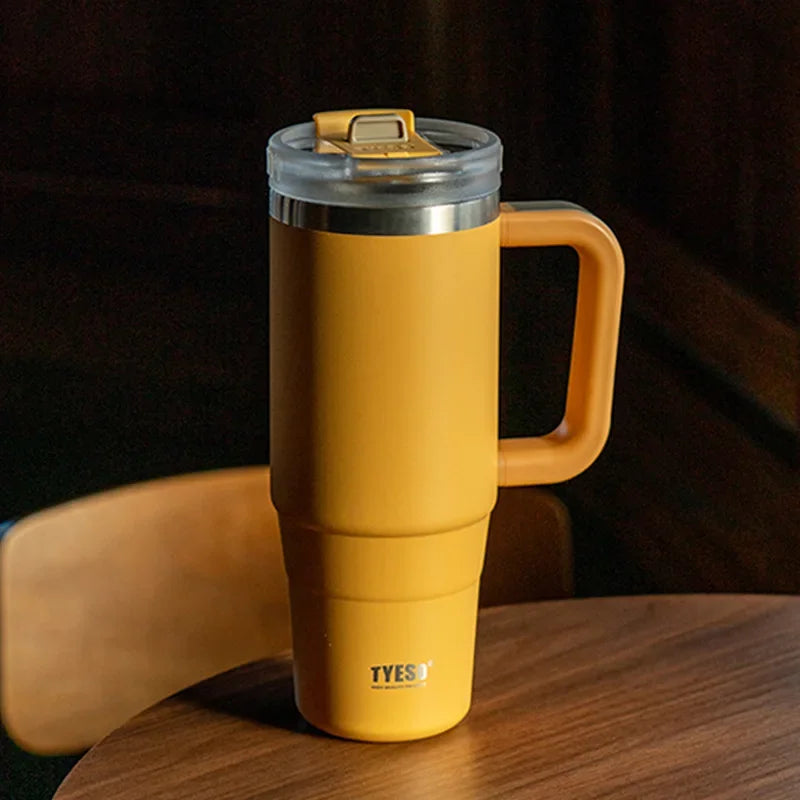 Stay Hot or Cold All Day | Stainless Steel Travel Mug with Handle & Straw