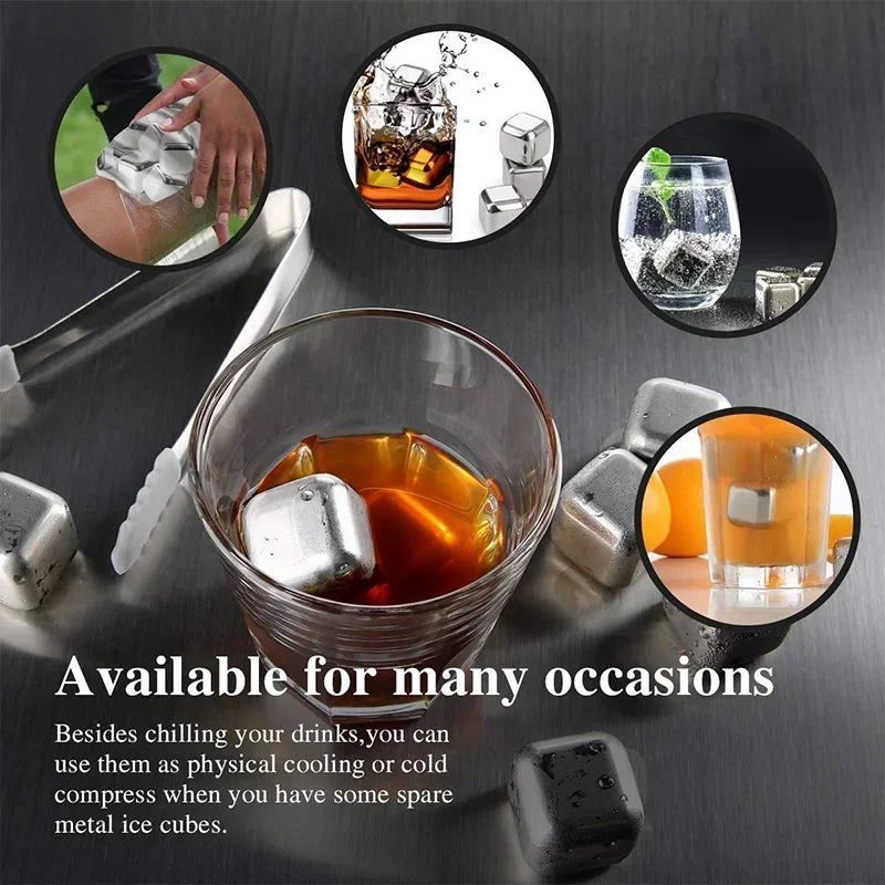 12PCS Stainless Steel Ice Cubes with Ice Clip Reusable Whiskey Stones Vodka for Family Party Wine beer Cooler Bar Chiller Tool