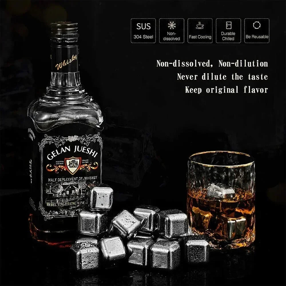 12PCS Stainless Steel Ice Cubes with Ice Clip Reusable Whiskey Stones Vodka for Family Party Wine beer Cooler Bar Chiller Tool